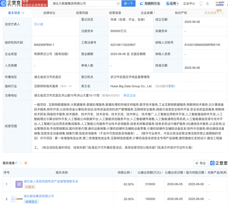 湖北大數據集團成立,注冊資本50億